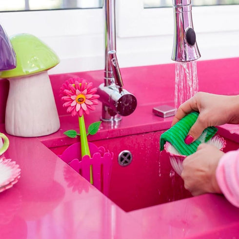 3-in-1 Set, Vigar Flower Power Kitchen Sink Caddy Flower-Shaped Dish Brush, Sponge, Fence-shaped Holder and Suction