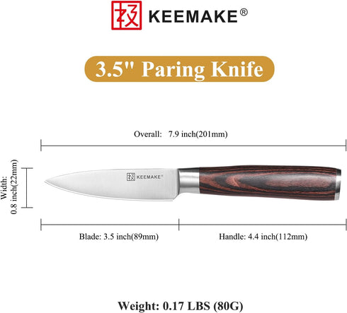 KEEMAKE 3.5 inch Paring Knife, German High Carbon Stainless Steel Fruit Knife with Pakkawood Handle and Gift Box