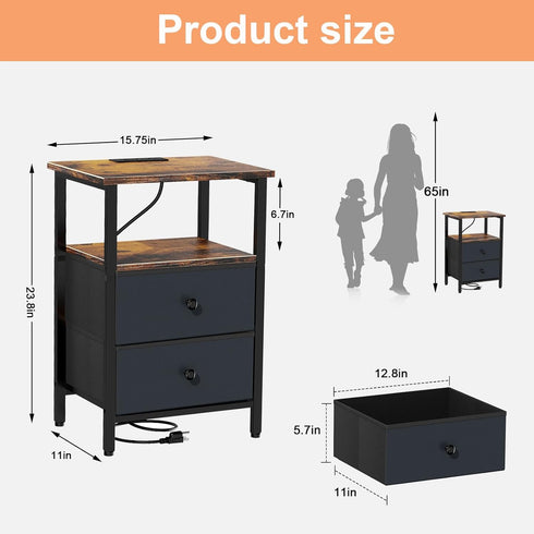 Smoproper 2 Nightstand with Charging Station, Bedside End Table with Fabric Drawers for Bedroom, Side Table with USB