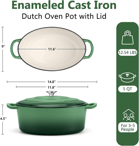 5qt TeamFar Oval Dutch Oven, Enameled Cast Iron Dutch Oven Pot with Lid, For Bread Baking/Stewing/Braising/Frying