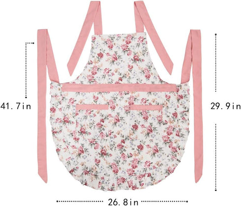 Lovely Cotton Apron for Women, Adjustable Neck Strap, 2 Pockets, 41.5” Long Ties, Cute Kitchen Cooking Apron - 30” x