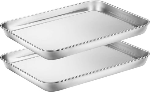 Wildone Set of 2 Stainless Steel Baking Sheets, 10 x 8 x 1 inch Cookie Sheet Baking Pans, Non Toxic & Easy Clean