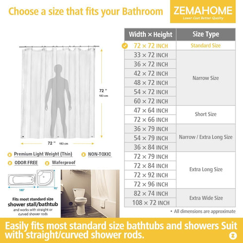 Clear PEVA Plastic Shower Curtain Liner 72" x 72" Premium Lightweight with Rustproof Metal Grommets and Weighted Magnet