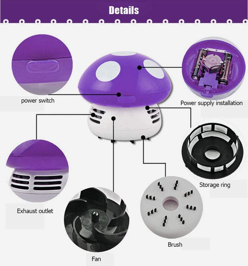 Aliotech Mini Cute Table Dust Vacuum Cleaner, Mushroom Shaped Portable Corner Desk Vacuum, Mini Dust Sweeper, Purple