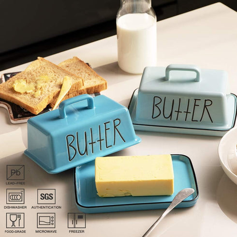 Sweejar 7.3 Inch Ceramic Butter Dish with Handle Lid, Large Porcelain Butter Keeper with Cover, Perfect for East/West