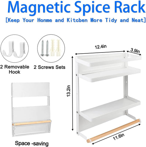 Magnetic Spice Rack for Refrigerator, White Magnetic Paper Towel Holder, Kitchen Organization and Storage