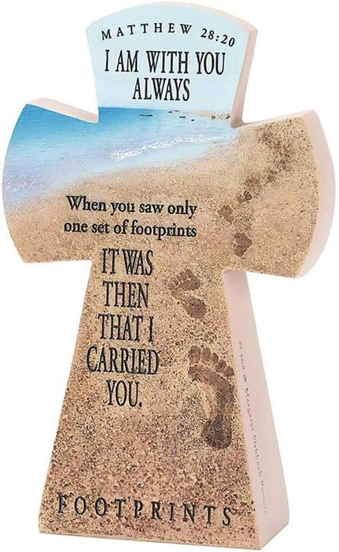 Dicksons Matthew 28:20 Always with You Footprints - 7.5 Inch Resin Stone Table Top Cross Figurine