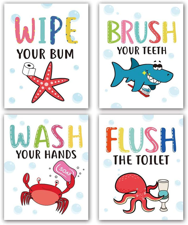Funny Colorful Cartoon Sea Life Themed Bathroom Art Print, Humorous Quotes Painting for Children Washroom Decor, Set of