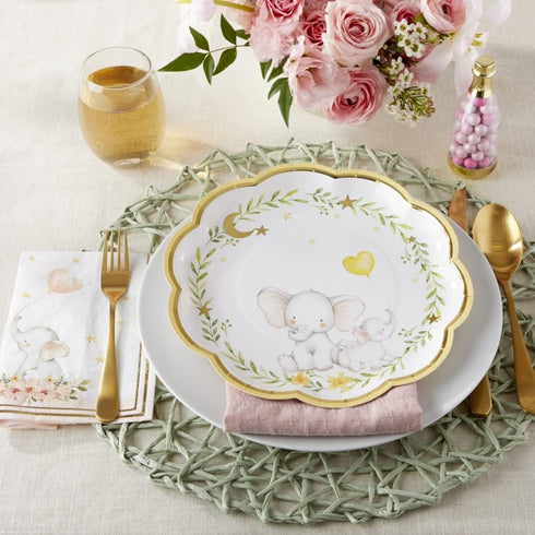 Kate Aspen Elephant Baby Shower 9 in. Premium Decorative Paper Plates, Set of 16 (350 GSM weight) | Party Supplies