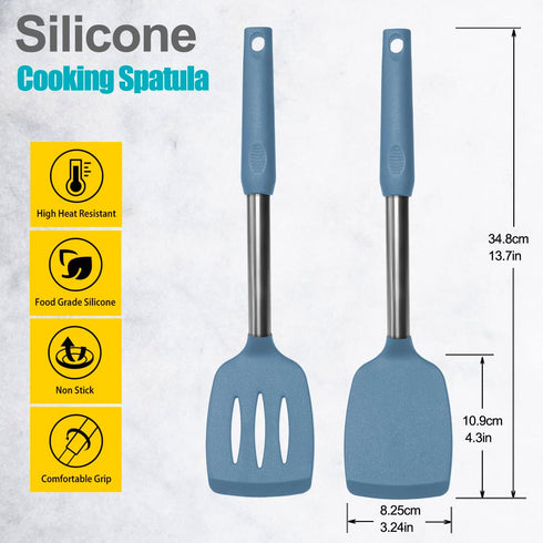 2 Pack Spatulas, Solid & Slotted Silicone Spatula Set, Stainless Steel Handle Coated with Silicone, Non Stick, Heat Resistant Rubber Flipper for Fish, Eggs, Pancakes, WOK, Starry Blue by Vovoly