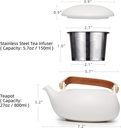 2cup 800ml ZENS Teapot with Infuser, Ceramic Japanese Teapot for Loose Leaf Tea, Small Matte White Porcelain Tea Pot