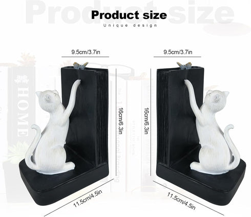 1 LIFFY Decorative Bookends, Heavy Duty Resin Cat Bookends, Non-Skid Bookshelf Stopper, Cute Cat Figures for Shelves