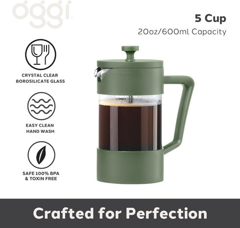 Oggi Borosilicate Glass French Press Coffee Maker (20oz) - 5 Cup Capacity, Coffee Press, Single Serve Coffee Maker,