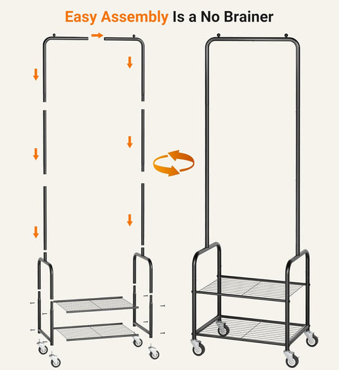 AOODA Small Clothes Rack with Shelves, Metal Sturdy Rolling Clothing Racks for Hanging Clothes, Portable Garment Rack