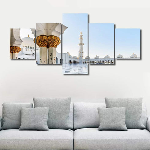 TUMOVO Kitchen Wall Art: Mosque Square Pictures, 5 Panel Canvas Artwork, Wooden Islamic Religious Shrine Decor
