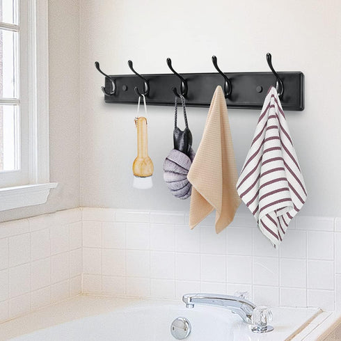 Wooden Coat Rack, Wall-Mounted Organizer for Closet, Entryway, Heavy Duty Double Hooks for Hanging Towels, Black
