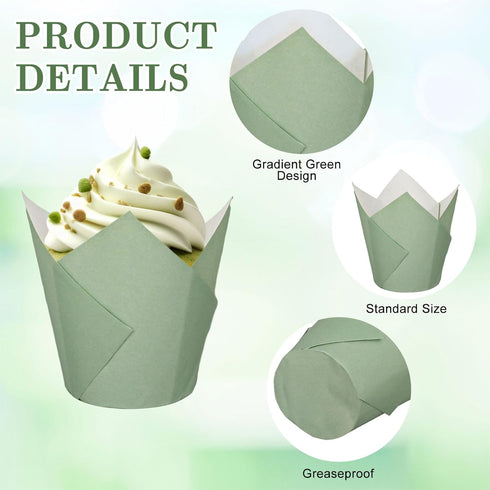 Whaline 200Pcs Sage Green Tulip Cupcake Liners, Baking Cup for Bridal Baby Shower Party Decor