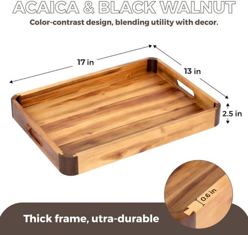 17 13 Inch Counter... x Acacia Wood Serving Tray with Handles, Decorative Wooden Tray Featuring Dark Walnut-Tone Curved