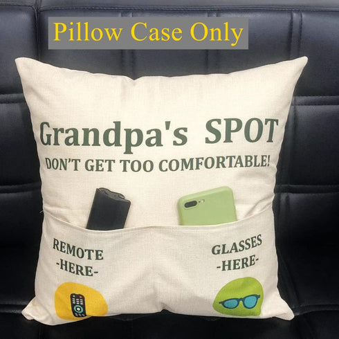 Grandpa Gifts, 2-Pocket Grandpa’s Spot Throw Pillow Covers 18x18 Inch + Engraved Spoon, Gifts for Papa