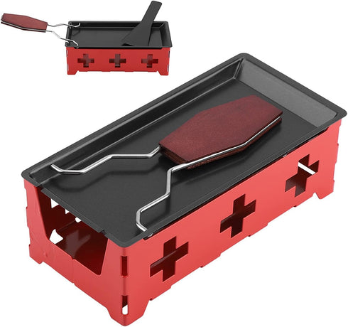 Cheese Raclette Stove Set, Carbon Steel Portable Non-stick Baking Tray with Spatula for Home Kitchen Grilling (Red)