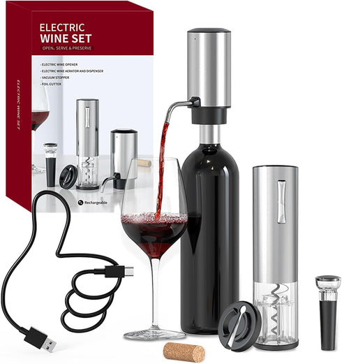 CIRCLE JOY Electric Wine Opener Set, 4-in-1 Rechargeable Wine Set, Gift Set for Wine Lovers, Silver