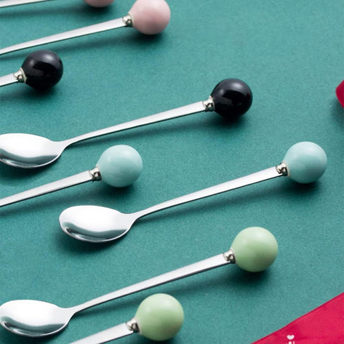 Stainless Steel Coffee Spoon, Teaspoon, Sugar Spoon, Korean Dessert Spoon with Ceramic Ball, 4 Pieces 5.5 Inches Green