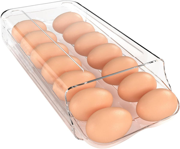 theaoo Egg Holder for Fridge, Automatic Rolling Egg Container, Clear Plastic Egg Dispenser, Stackable Eggs Organizer