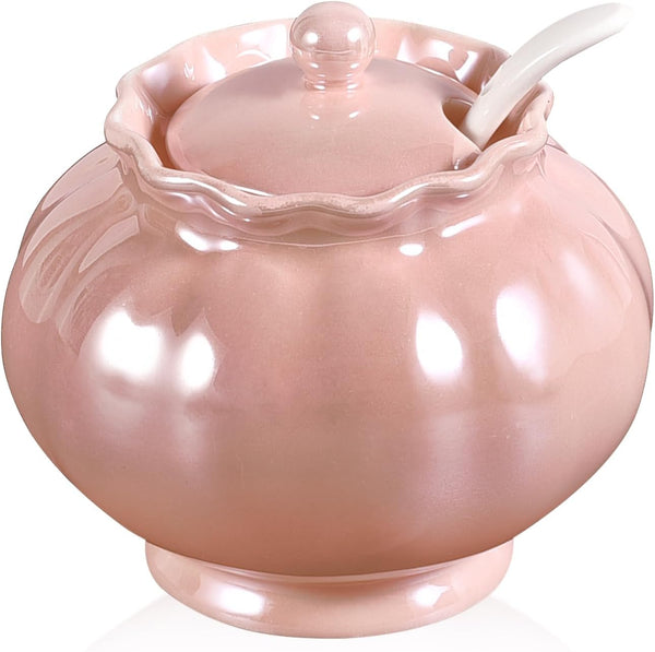 Porcelain Sugar or Salt Bowl with Lid and Spoon, Ceramic Spice Keeper, 9 Ounce, Pearlescent Pink Design