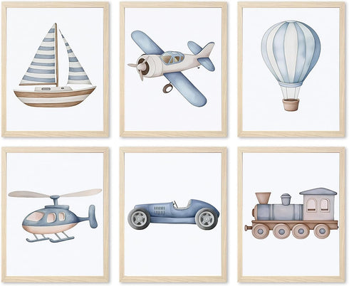 Nursery Car Wall Art Set of 6, Baby Boys Poster Canvas Prints,
