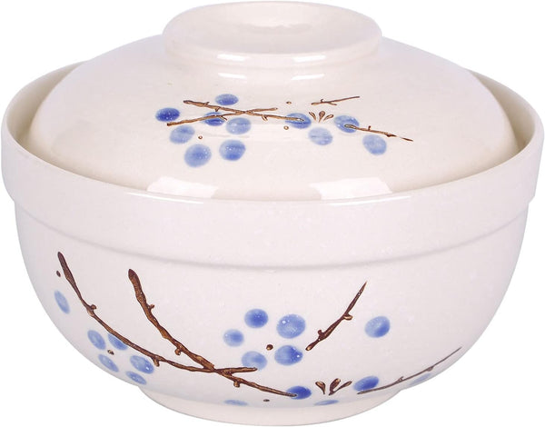 WHJY Japanese Creative Hand-painted Ceramic Tableware with Lid for Soup and Noodles, Heat Preservation Function, Blue