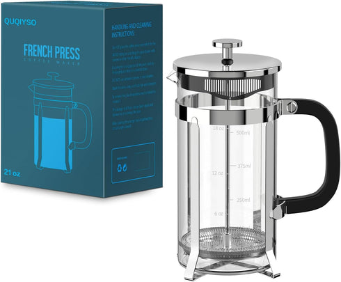 French Press Coffee Maker, 304 Stainless Steel, 4 Filters, Borosilicate Glass, 21 Ounce, Silver