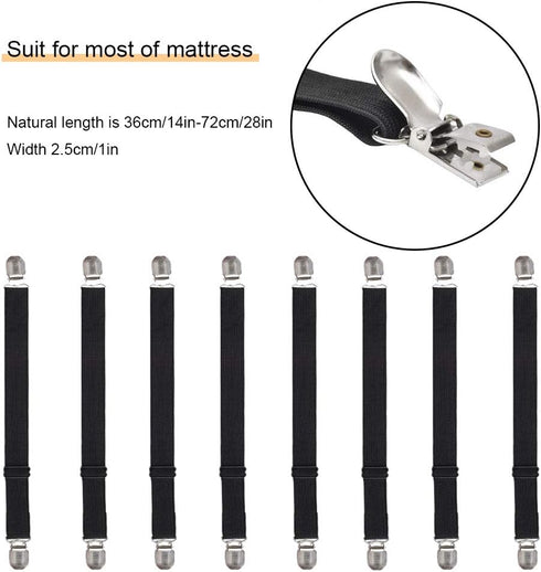 Adjustable Bed Sheet Straps Clips, 8Pcs Black Elastic Fasteners for Mattress, Sofa, Table Cloth