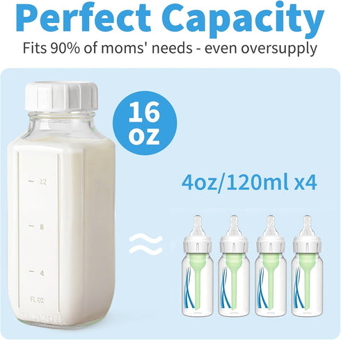 1 Pack 16 Oz Syntic Glass Milk Storage Bottle with Airtight Lid & Pour Spouts, Milk Storage Containers for Fridge