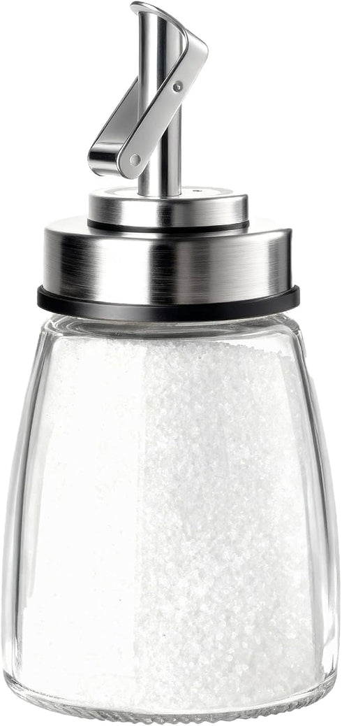 TIWPAJS Glass Sugar Dispenser with Stainless Steel Lid, Automatic Pour Spout, Sugar