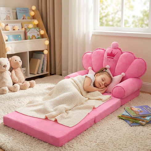 harhoers 2-in-1 1-5, Pink Princess Toddler Couch, Foldable Sofa Bed & Chair for Kids Space-Saving for Small Rooms, Fits