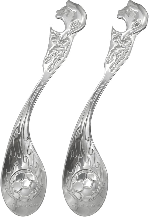 2Pcs Cereal Spoon 18/10 Stainless Steel Soup Spoon with Soccer Shape Embossed, 6.69inch Service Spoon and Bottle Opener