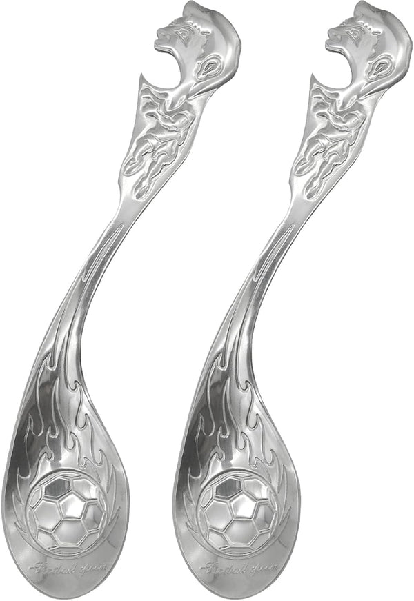 2Pcs Cereal Spoon 18/10 Stainless Steel Soup Spoon with Soccer Shape Embossed, 6.69inch Service Spoon and Bottle Opener