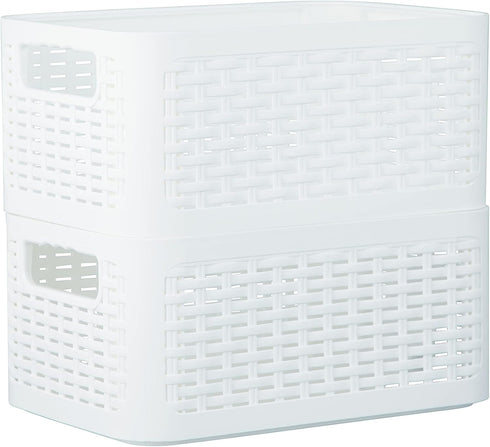 Superio Woven Plastic Storage Basket Box, 9 Quart, White - Wicker Home Organizer Shelf Bins for Closet, Handles