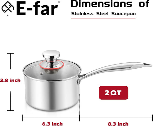E-far 2-Quart Saucepan, Tri-Ply Stainless Steel Sauce Pan with Glass Lid, Small Cooking Induction Pot Compatible with All Cooktops, Non Toxic, Oven & Dishwasher Safe by E-far