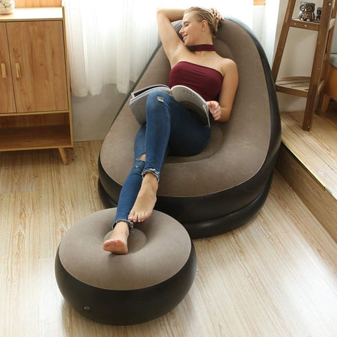 iayokocc Inflatable Lounge Chair for Adults, Folding Portable Lazy Sofa with Foot Stool Lazy Flocking Recliner Chair