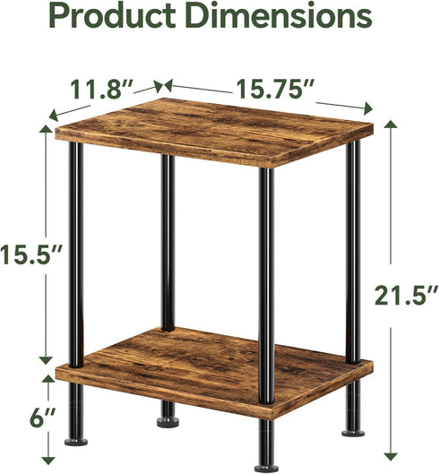 2 Simple Trending Side Table, Small End Table Living Room, Nightstand with Tier Storage Shelves, Rustic Brown