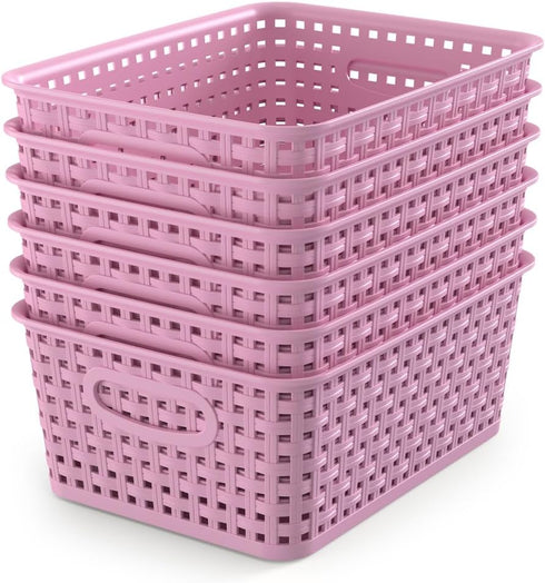 WYT 6-Pack Plastic Small Shelf Storage Weave Baskets for Organizing Cabinets and Pantries, Lavender Purple