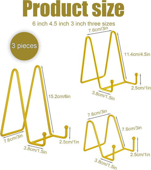 3 Pack Plate Stands for Display 3/4.5/6 Inch, Metal Picture Frame Holder Stand, Small Easel Stand, Decorative Plate Holders for Displaying Photo Plaque Art Platter Book (Gold)