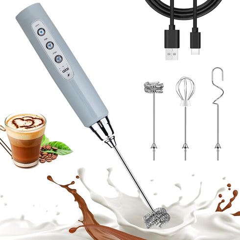 Nahida Cement Gray Milk Frother Wand, Handheld Rechargeable Electric Whisk with 3 Heads for Coffee & Egg