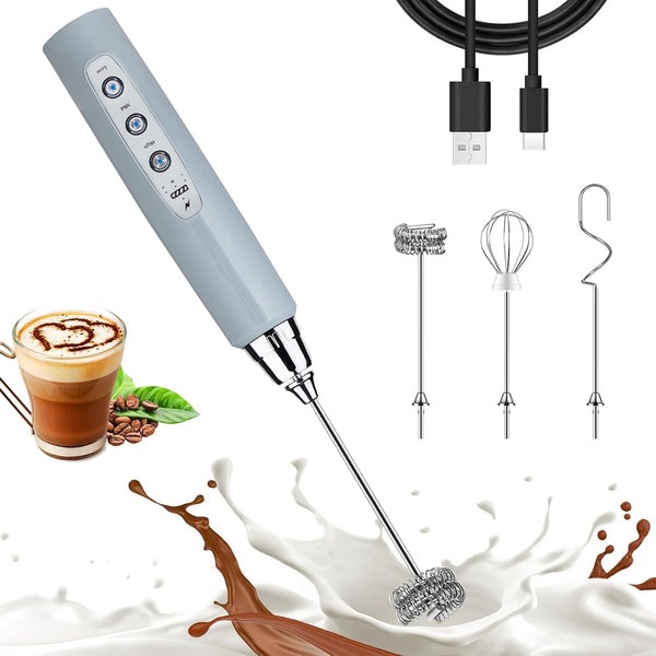 Nahida Cement Gray Milk Frother Wand, Handheld Rechargeable Electric Whisk with 3 Heads for Coffee & Egg