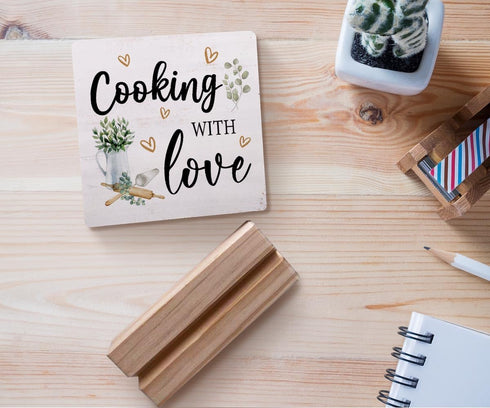 Cooking with Love Wood Plaque, Rustic Kitchen Sign Desk Decor for Home Kitchen Table Shelf Decoration
