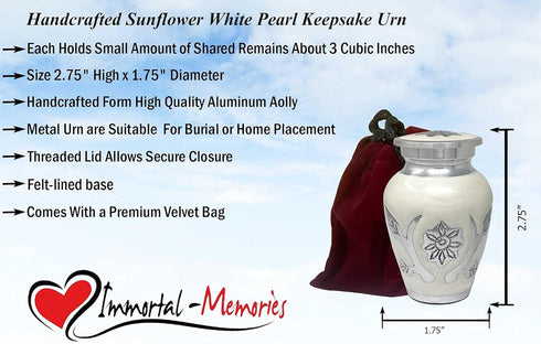 Sunflower Keepsake Urn for Ashes, Miniature Token Urn with Velvet Bag (White Pearl)