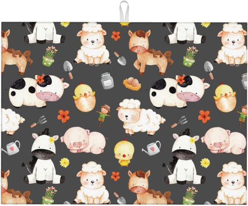 Farm Animal Dish Drying Mat for Kitchen Counter, Cute Microfiber Absorbent Reversible Drainer Rack Pad, 18 x 24 Inch