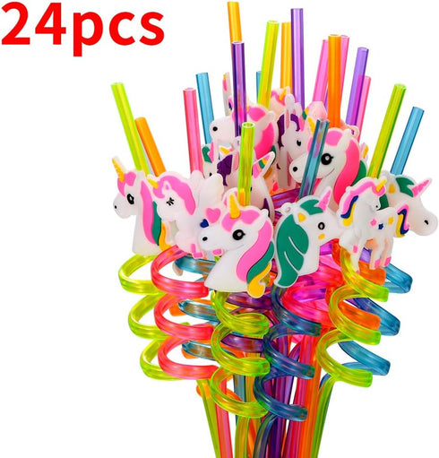 24 Reusable Unicorn Drinking Plastic Straws + 6 Temporary Tattoos for Girls, Birthday Party Supplies