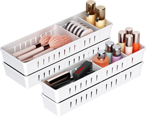 Desk Drawer Organizer Tray, 4 PCS Plastic Office Organizer Set with Non-Slip Silicone Pads, White